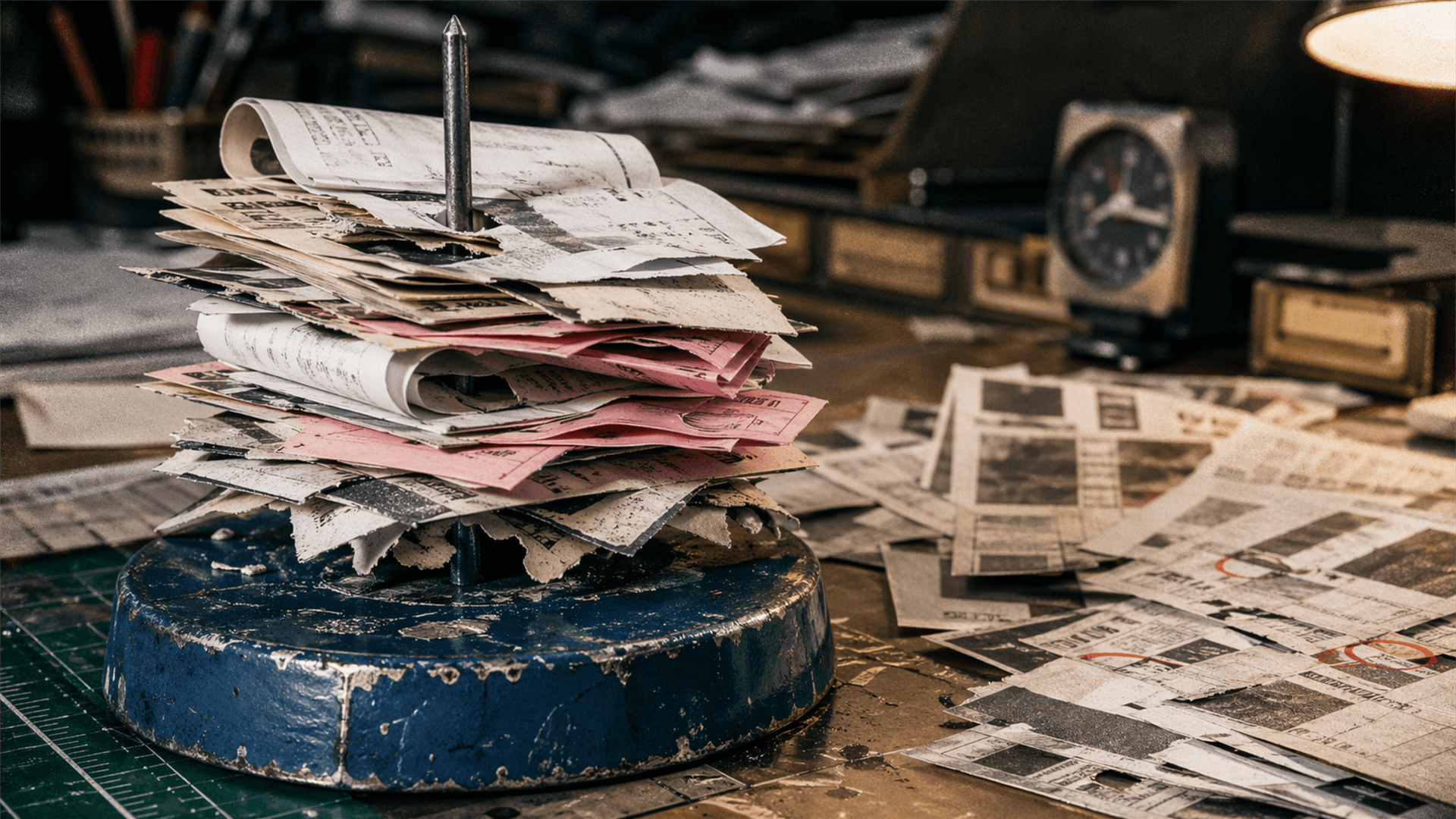 Blue steel clipping spike stacked with accepted clippings and pink payout slips.
